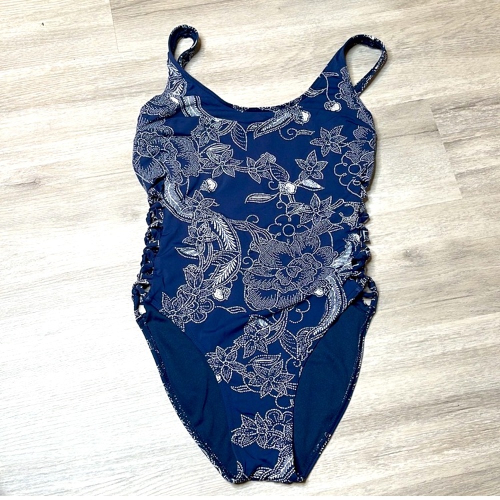 Roxy Navy Floral Lace-Up One-Piece Swimsuit - Girls